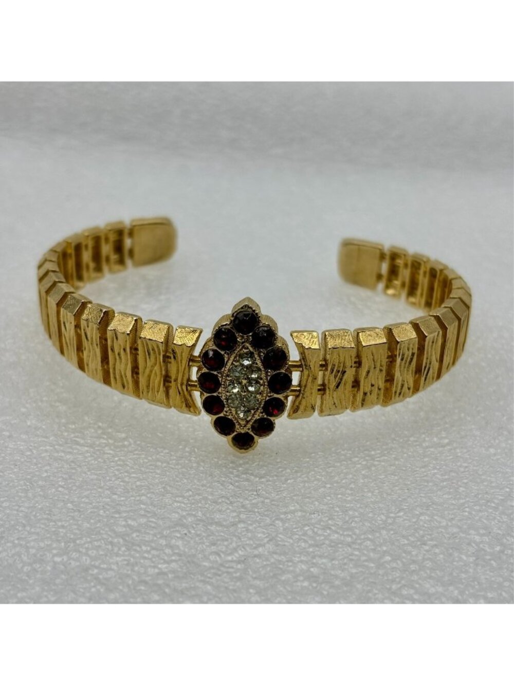 1970s Cuff Bracelet By Elegante Ruby Red Rhinestone Gold Tone-NOS MCM R
